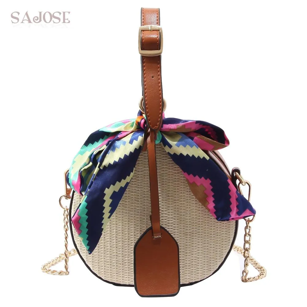 Women Straw Bag Crossbody Bags For Girls Fashion Scarves Round Saddle Bag Rattan Woven Shoulder Messenger Bags Lady Tote Handbag