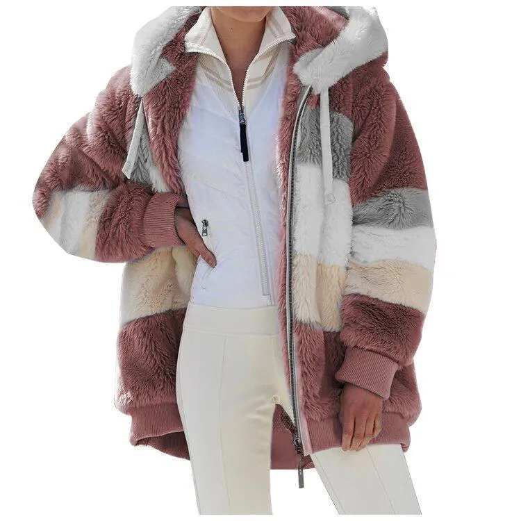 Women Warm Plush Panel Zipper Pocket Hooded Loose Coat