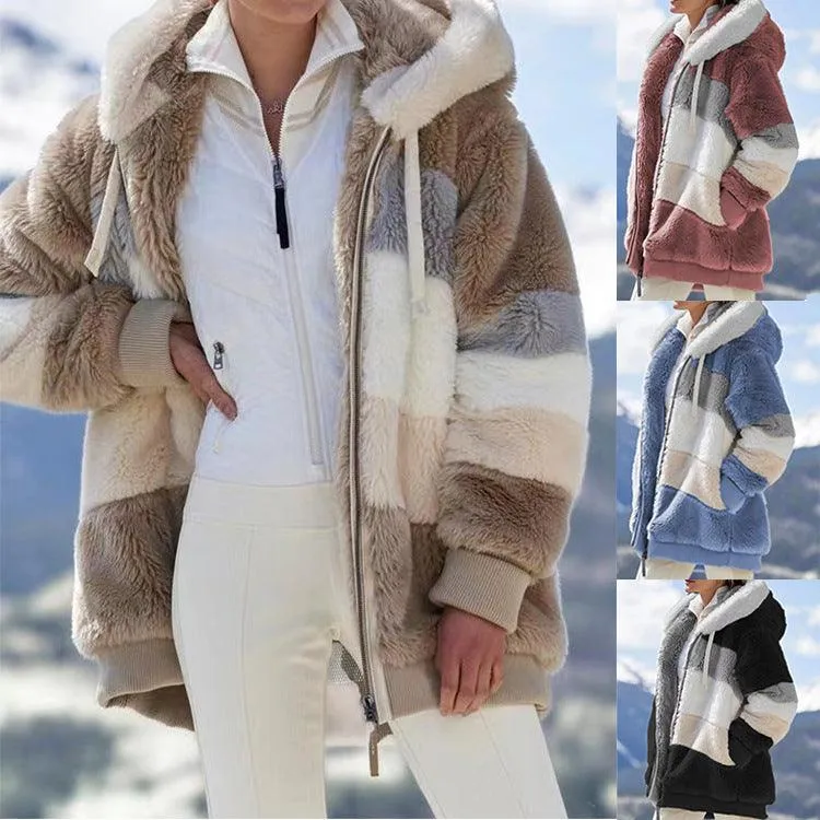 Women Warm Plush Panel Zipper Pocket Hooded Loose Coat