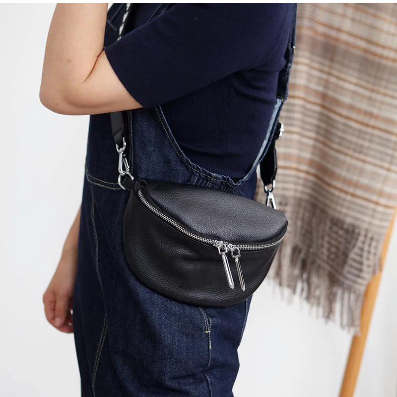 Women's Black Leather Sling Bag Chest Bag For Women