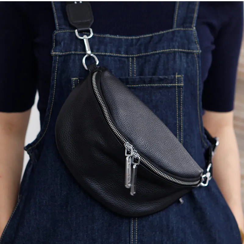 Women's Black Leather Sling Bag Chest Bag For Women