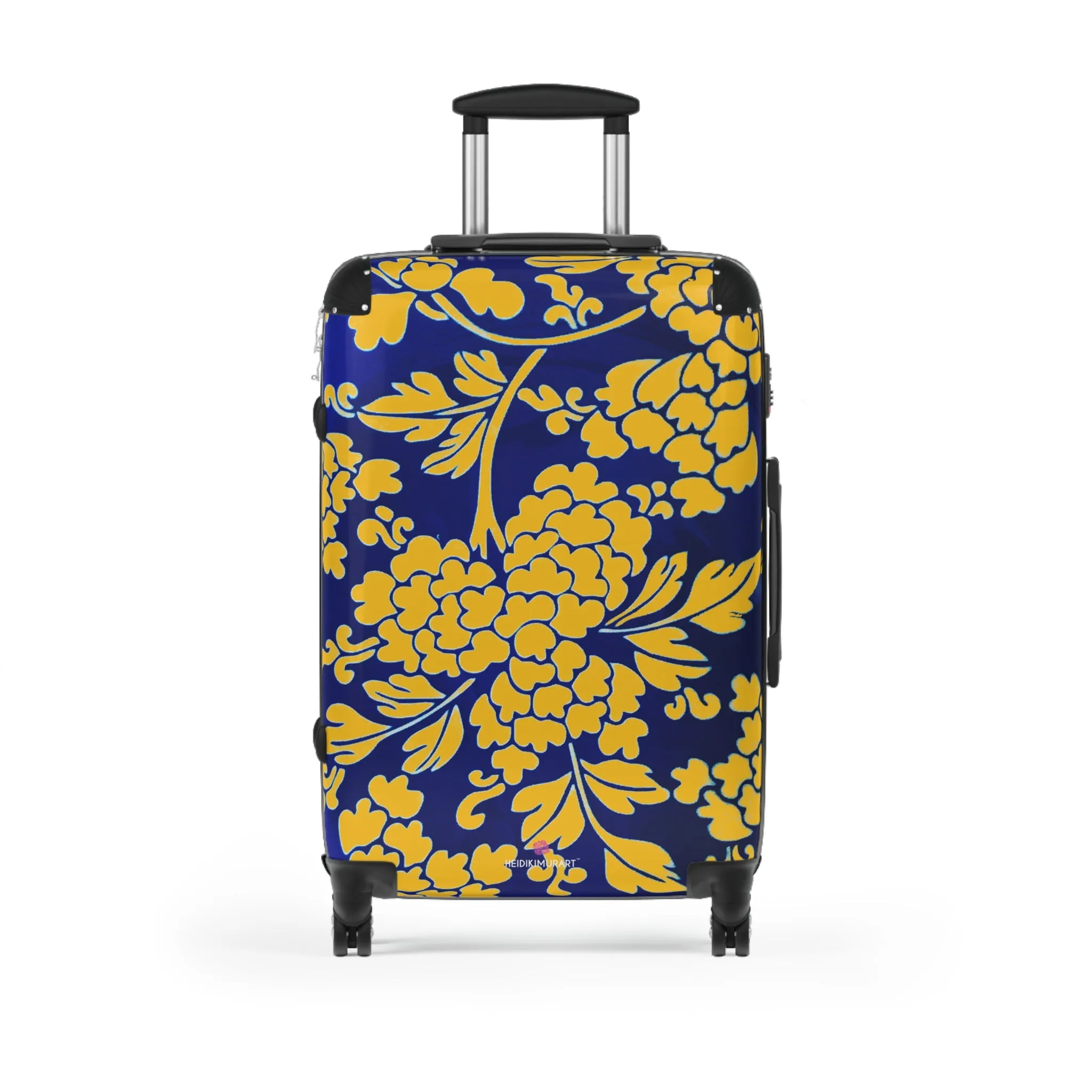 Yellow Blue Floral Print Suitcase, Abstract Oriental Style Floral Print Designer Suitcases, Travel Bag Suitcases (Small, Medium, Large)