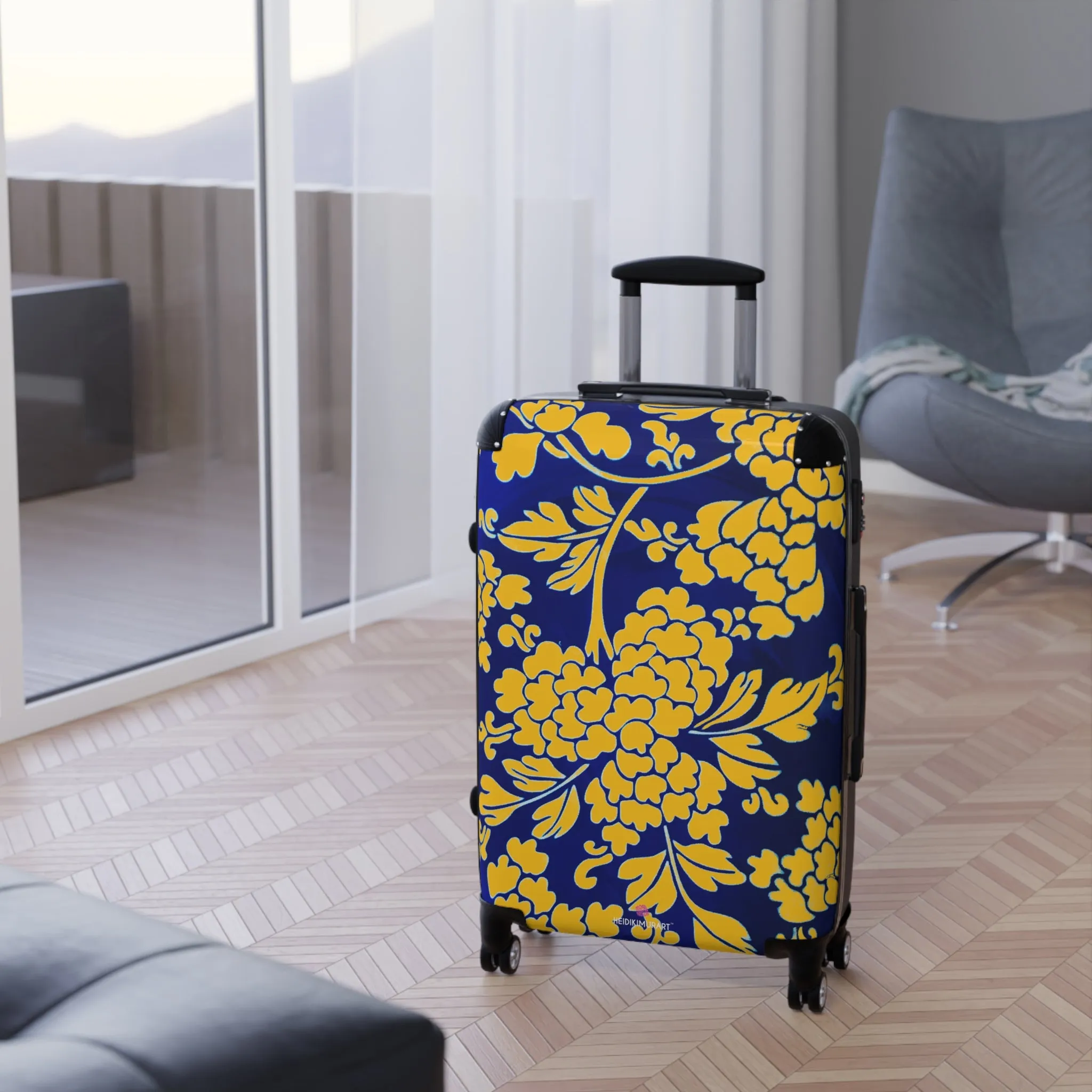 Yellow Blue Floral Print Suitcase, Abstract Oriental Style Floral Print Designer Suitcases, Travel Bag Suitcases (Small, Medium, Large)