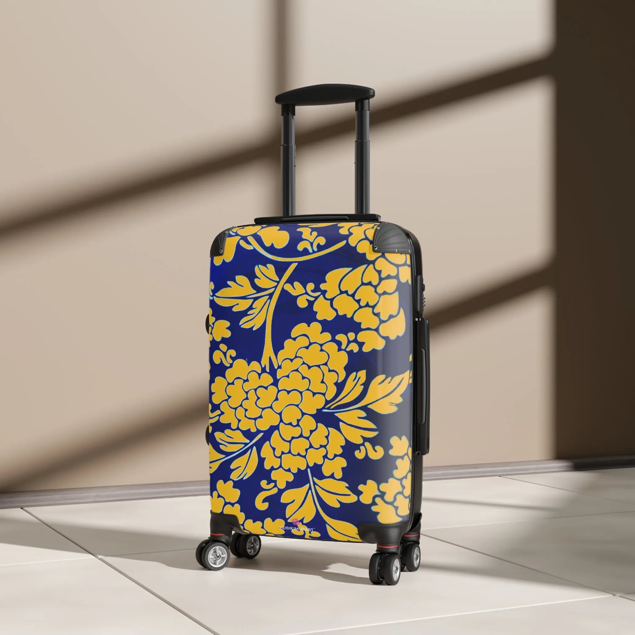 Yellow Blue Floral Print Suitcase, Abstract Oriental Style Floral Print Designer Suitcases, Travel Bag Suitcases (Small, Medium, Large)