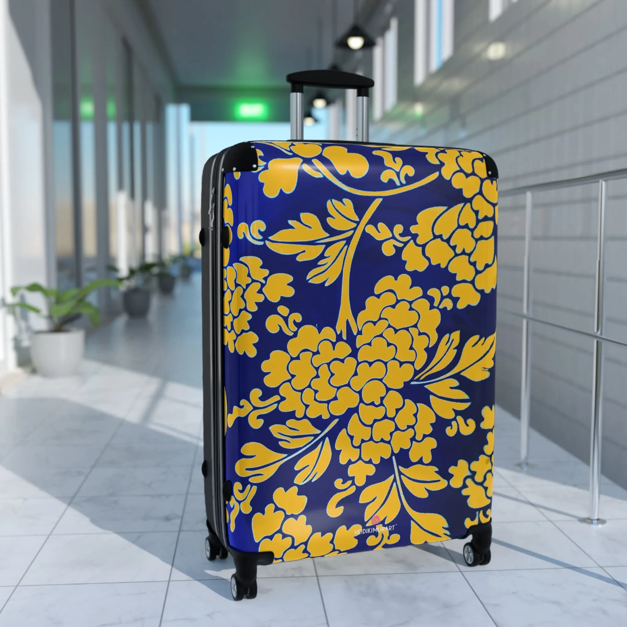 Yellow Blue Floral Print Suitcase, Abstract Oriental Style Floral Print Designer Suitcases, Travel Bag Suitcases (Small, Medium, Large)