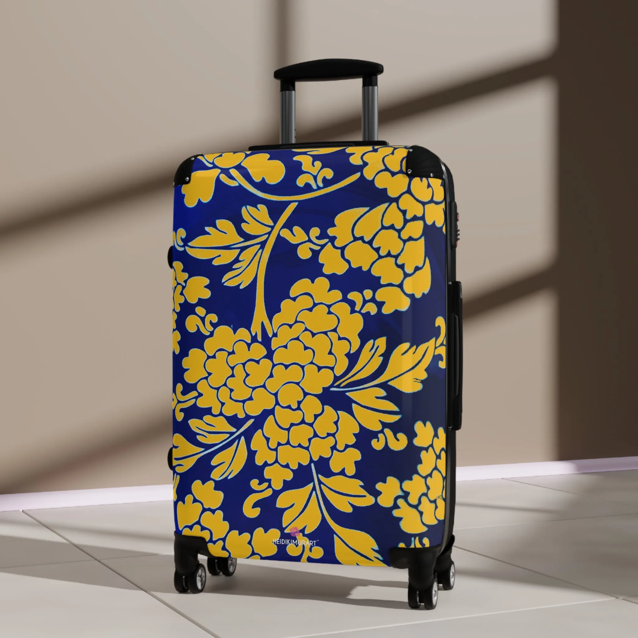 Yellow Blue Floral Print Suitcase, Abstract Oriental Style Floral Print Designer Suitcases, Travel Bag Suitcases (Small, Medium, Large)