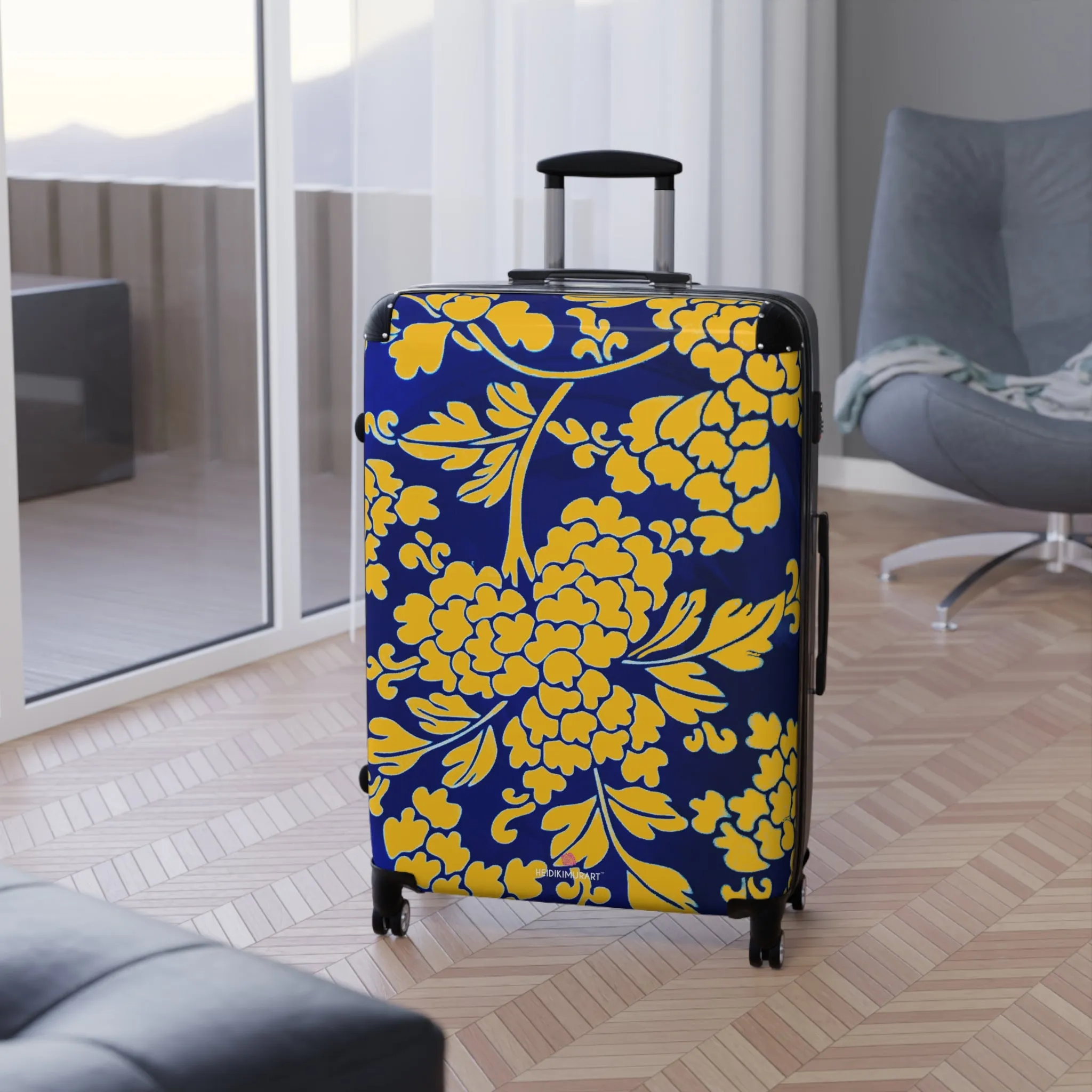 Yellow Blue Floral Print Suitcase, Abstract Oriental Style Floral Print Designer Suitcases, Travel Bag Suitcases (Small, Medium, Large)