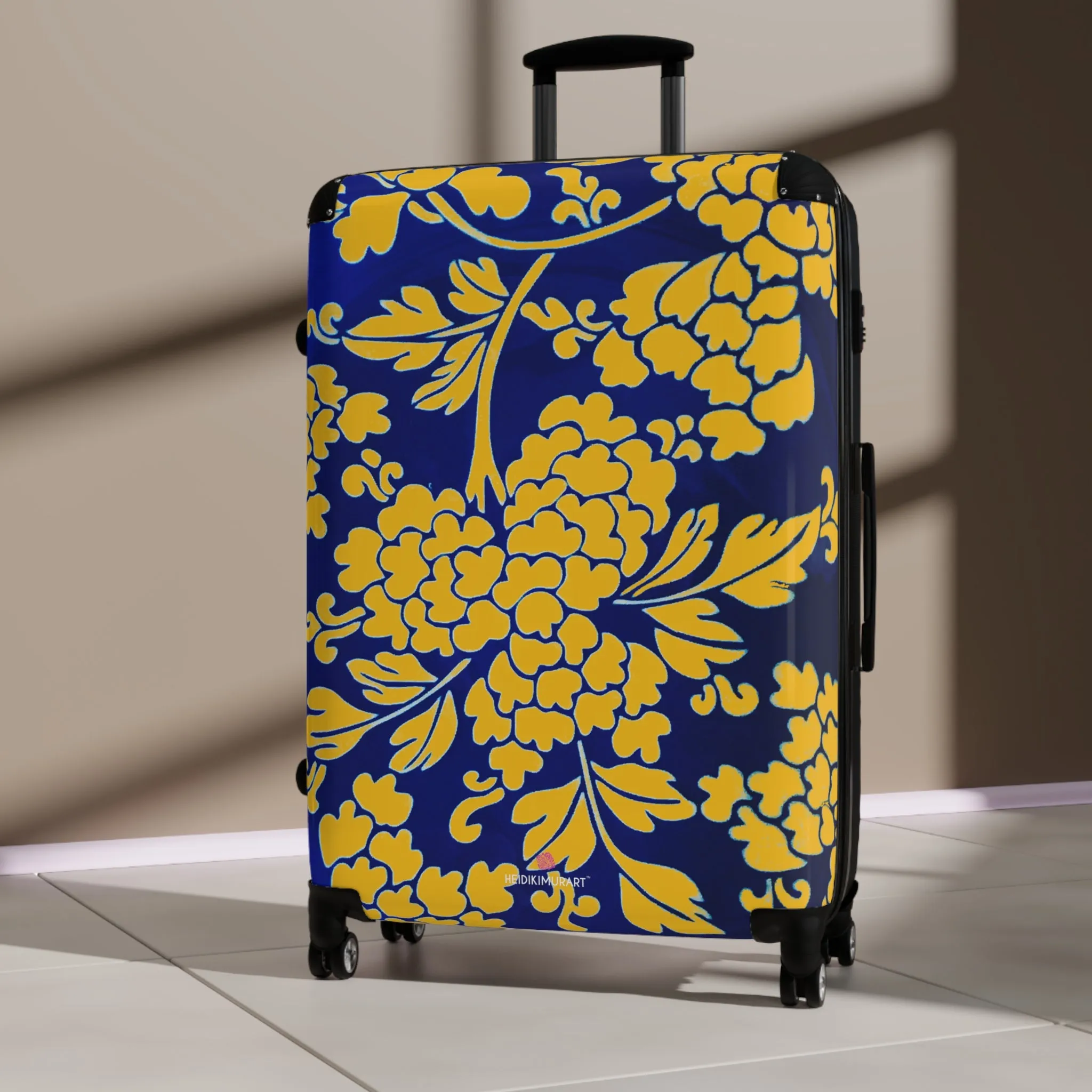 Yellow Blue Floral Print Suitcase, Abstract Oriental Style Floral Print Designer Suitcases, Travel Bag Suitcases (Small, Medium, Large)