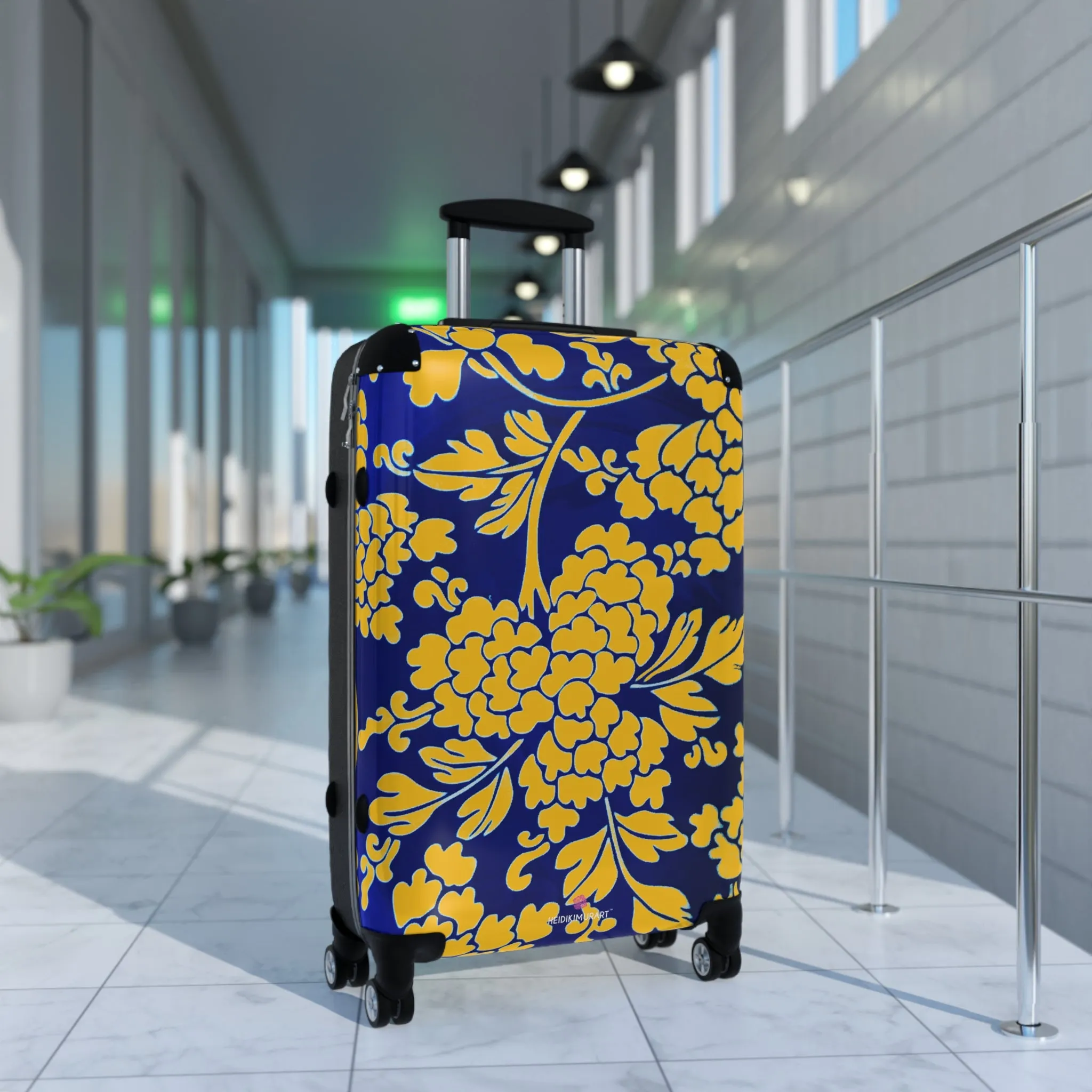 Yellow Blue Floral Print Suitcase, Abstract Oriental Style Floral Print Designer Suitcases, Travel Bag Suitcases (Small, Medium, Large)